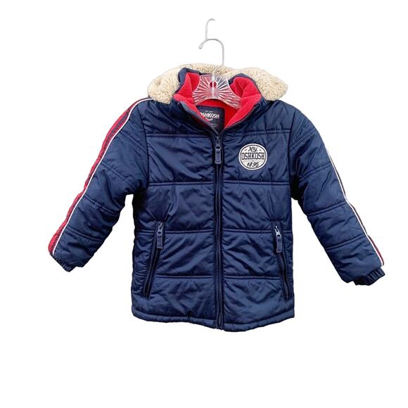 Oshkosh NY 1895 Navy/Red Tan Faux Fur Hooded Puffer Jacket - Picture 1 of 6